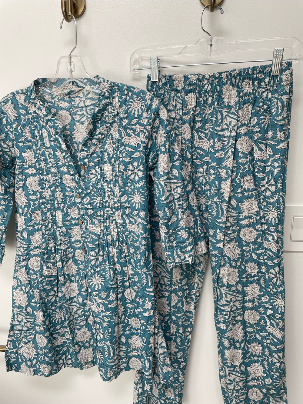 Teal Floral Two-Piece Set with White Print
